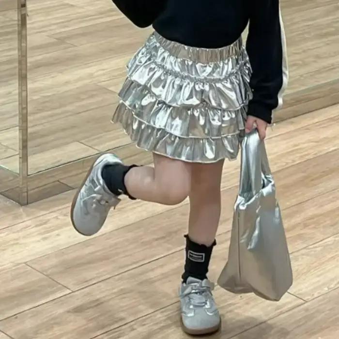  2025 nouveau printemps filles gâteau jupe automne enfants brillant métallique argent couches Tulle