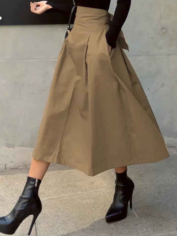 Jupes trapèze élégantes et solides pour femmes, Style scolaire Preppy, taille haute élastique, longu