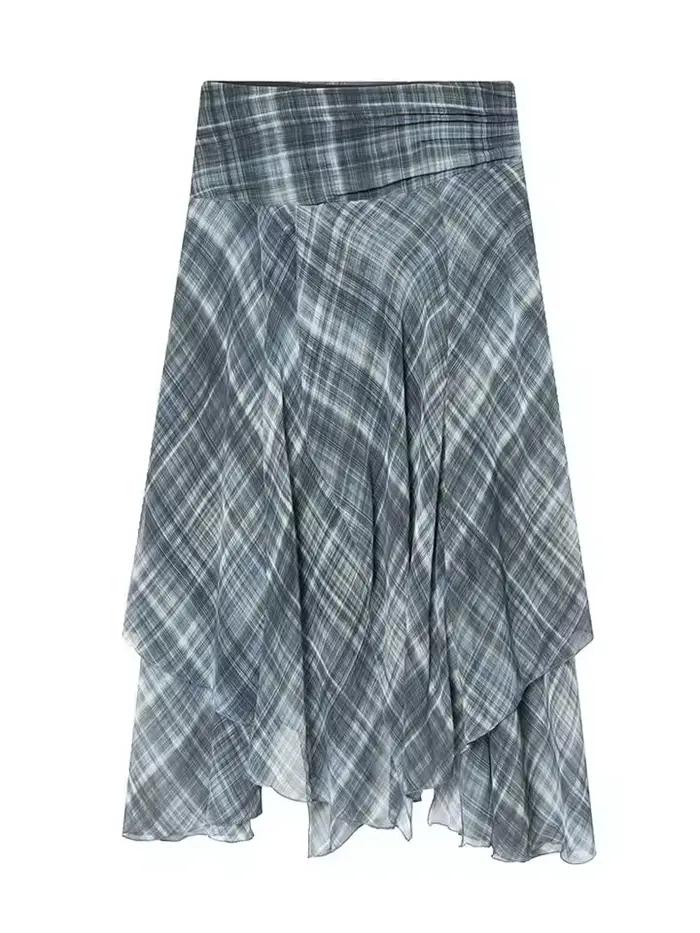 Jupe longue plissée bleue à carreaux pour femme, taille haute, coupe trapèze, ourlet asymétrique, te