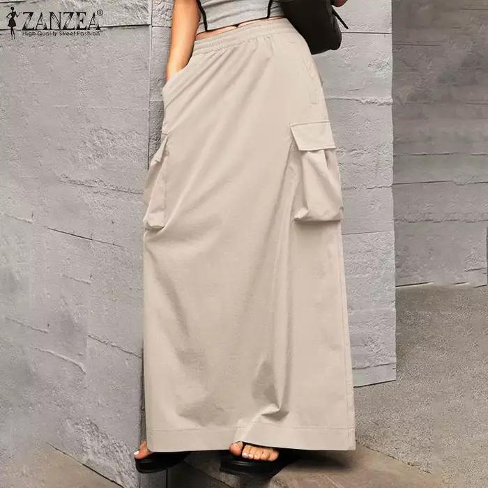 ZANZEA-Jupe Longue Cargo Vintage pour Femme, Tenue Élégante de Bureau, Grandes Poches, Taille artifi