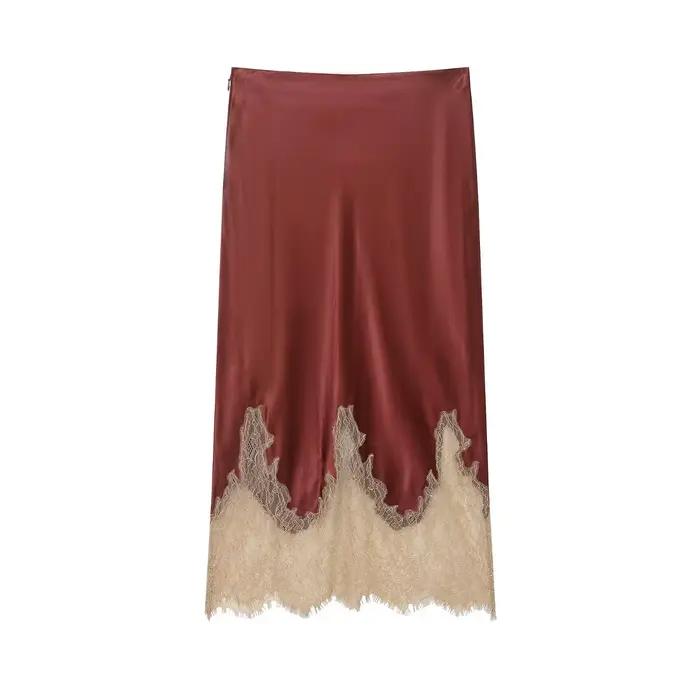 HH femmes mode dentelle décoration côté fermeture éclair jupe longue taille haute ample Satin Textur
