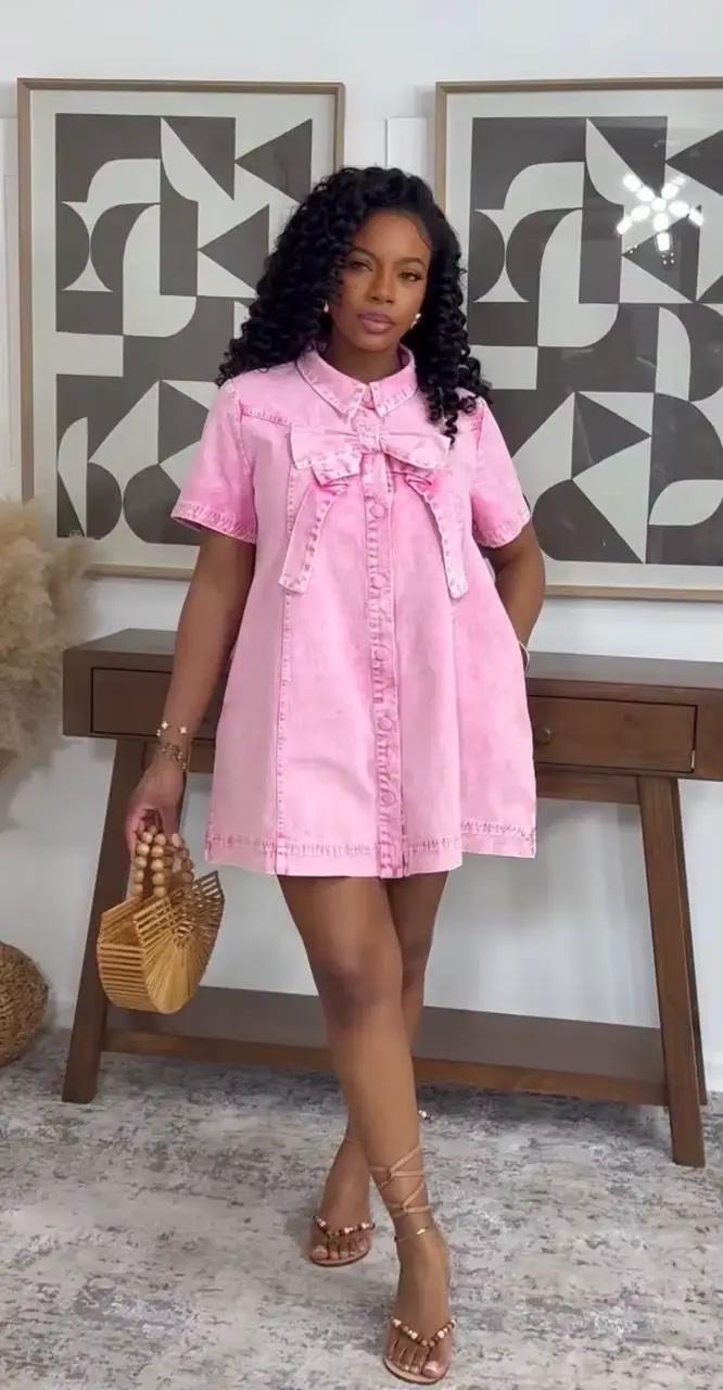 Robe Femme Mi-longue Coupe Évasée Y2K Streetwear Manches Courtes Nœud Élégante Épissée Soirée Travai