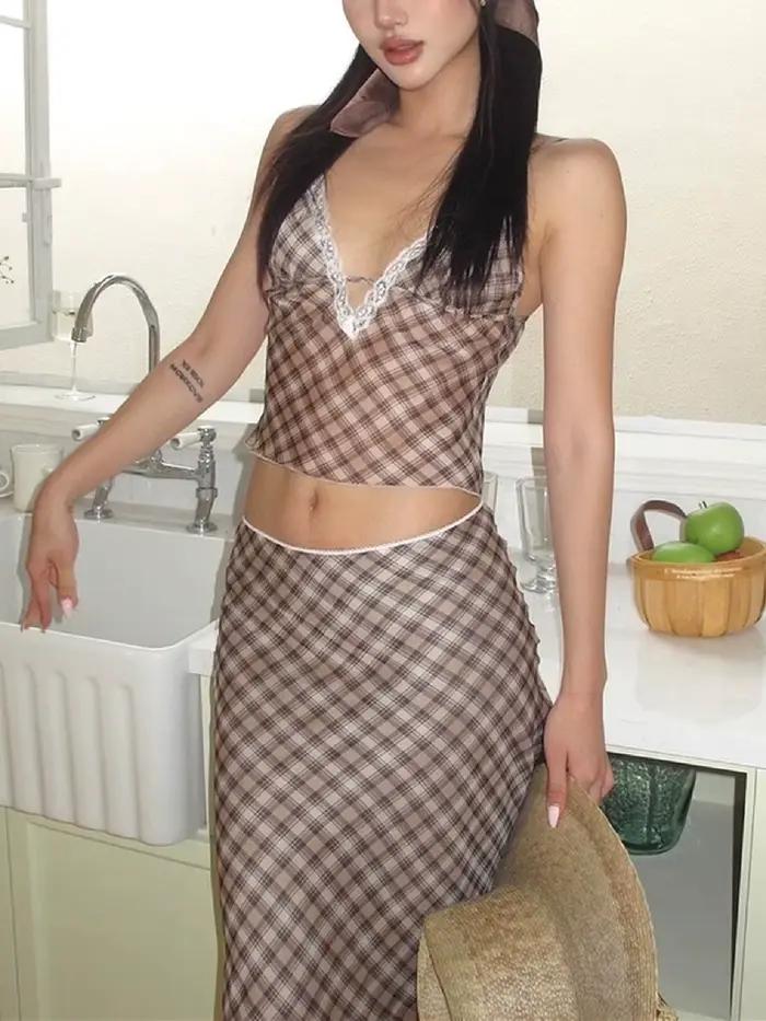 Dulzura femmes taille haute mince Plaid imprimé maille jupe Midi mode Sexy jupe décontractée fête Cl