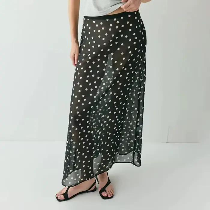 Jupe longue en mousseline transparente à pois pour femme, taille haute, sexy, décontractée, style cr