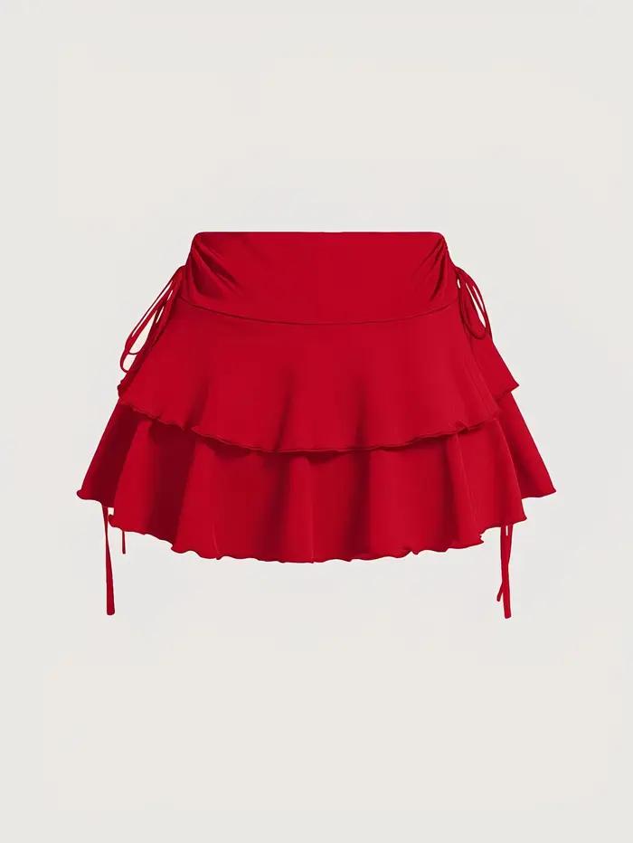 Jupe courte décontractée à volants pour femme - Jupe-short évasée à cordon de serrage latéral multi-