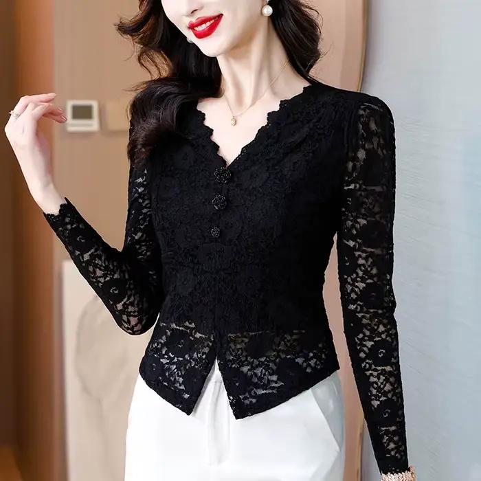T-shirt à manches longues en dentelle noire commandée pour femmes, automne M-3XL T-shirt dames col e