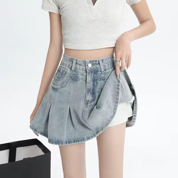 Jupe courte plissée en jean bleu taille haute pour femme, style Y2K, avec doublure, idéale pour l'ét