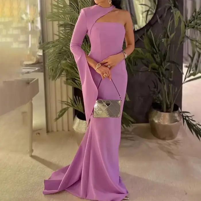 Robe de Soirée Longue et Simple à Col Rond pour Femme, Tenue Sirène à Manches, Lavande, Mariage, 202