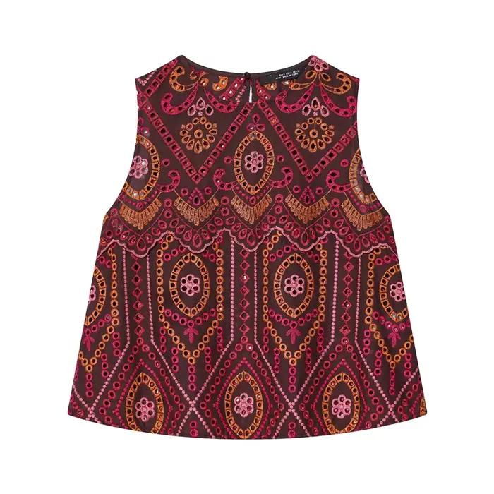 Ensemble jupe élégante pour femme HH 2026 : Haut brodé sans manches à col rond ajouré + Jupe midi pl