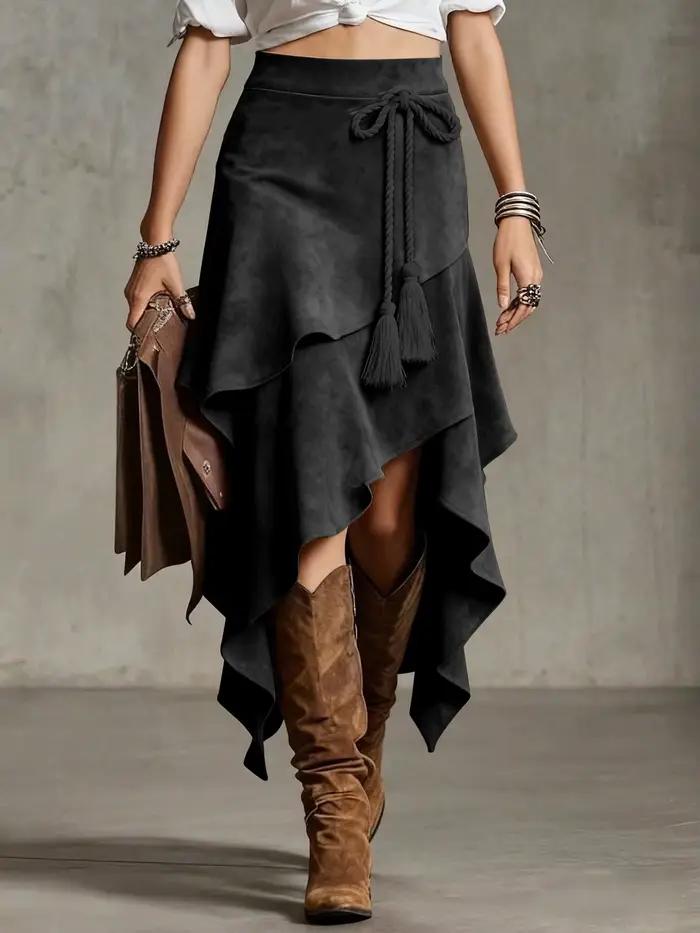 Jupe mi-longue en daim de style occidental rétro, design irrégulier, couleur unie, taille européenne