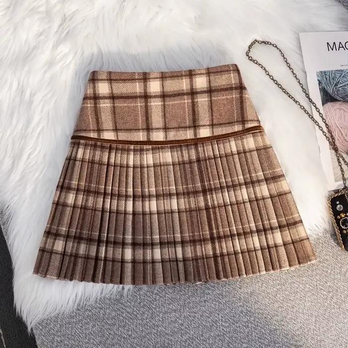 Jupe plissée en laine à carreaux rétro pour femmes, style académique, vêtements d'automne et d'hiver