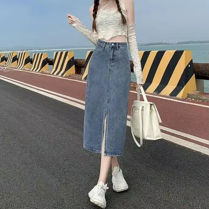 Jupes en jean femme Midi bleu taille haute avec fente jupe en jean femme mode coréenne élégant luxe
