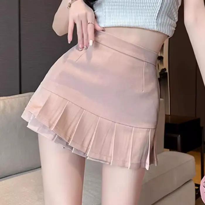 Jupes plissées femmes Mini asymétrique hanche enveloppé a-ligne été solide tout-match taille haute f
