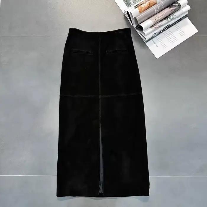 Jupe longue rétro en daim et cuir véritable pour femmes, 80cm, améliorée, importée, dos fendu, boucl