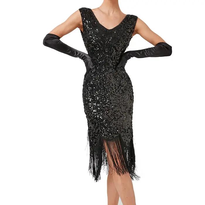 Robe de Soirée Vintage à Paillettes pour Femme, Tenue Sexy, Col en V, Paillettes, Tango, Mi-Longue,