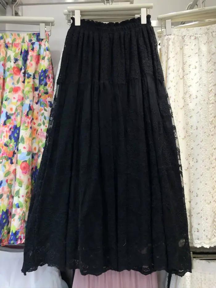 Demi-jupe en dentelle florale brodée pour femme, taille élastique, grand crochet oscillant, longue,