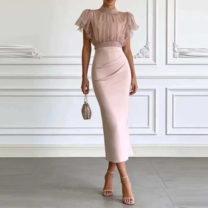 Ensemble élégant jupe moulante et haut en maille transparente pour femme – Collection été couleur un