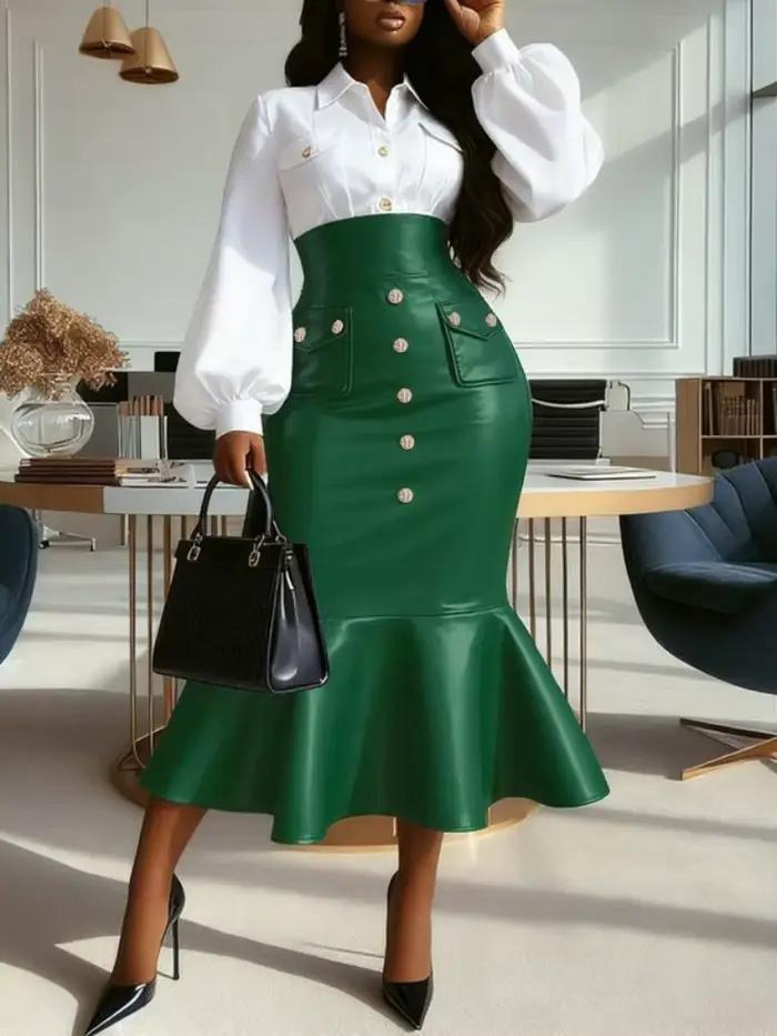 UOOZEE femmes Faux cuir taille haute jupe Midi boutons dorés évasé sirène ourlet formel bureau Cockt
