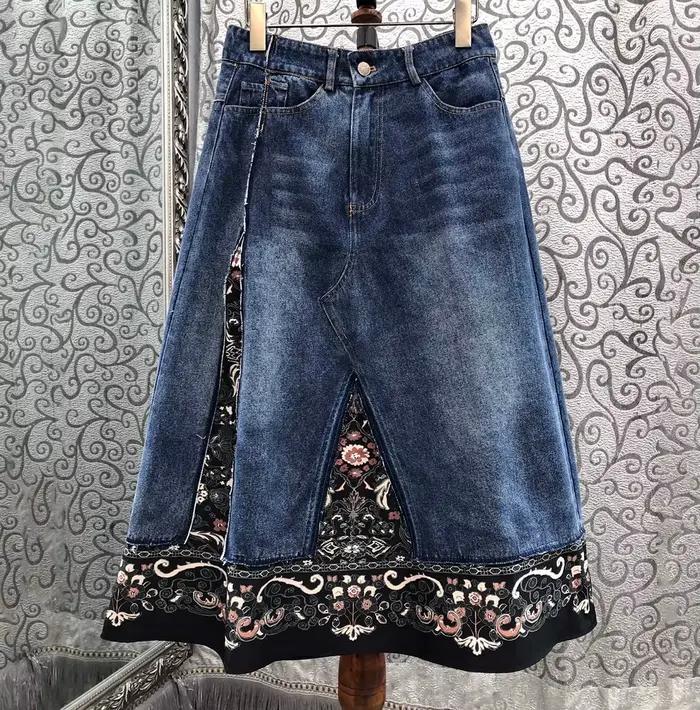 Top qualité nouvelle jupe en jean 2025 automne hiver Design dame Vintage imprimé fleuri Patchwork mi