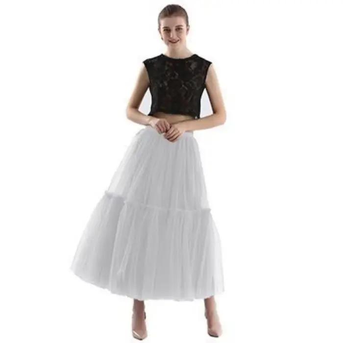 Femmes multicouche volants maille jupes plissées élégante dame taille haute moelleux Maxi jupe coule