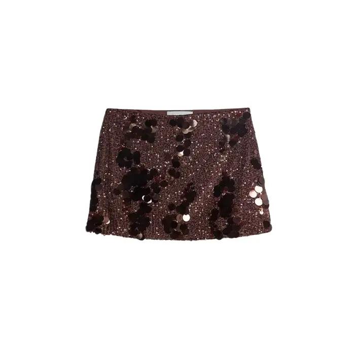 Ensemble haut et jupe courte à paillettes pour femme, Sexy, col suspendu, Slim, taille haute, Mini j