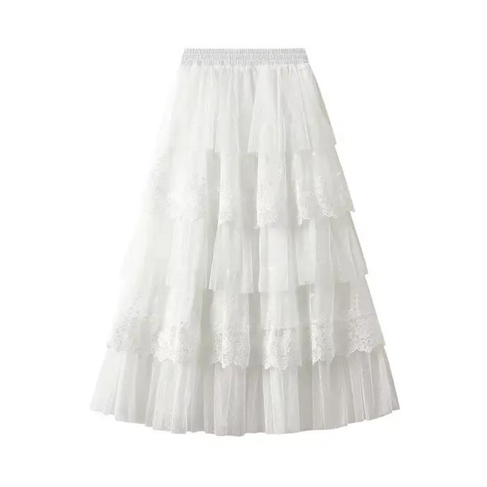 Élégante jupe longue en mousseline patchwork de dentelle, nouvelle jupe plissée taille haute en mail