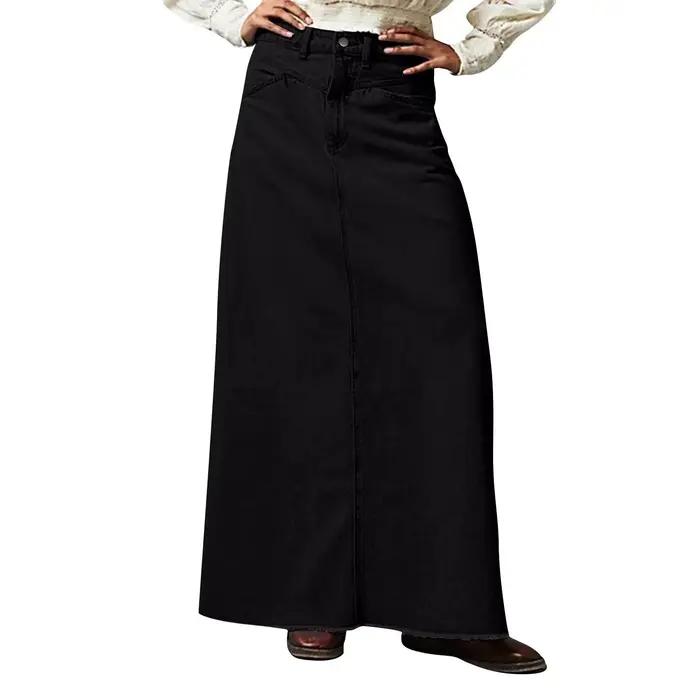 Jupe en jean maxi vintage pour femme, longue, décontractée, taille haute, ligne A, jupes en jean, st