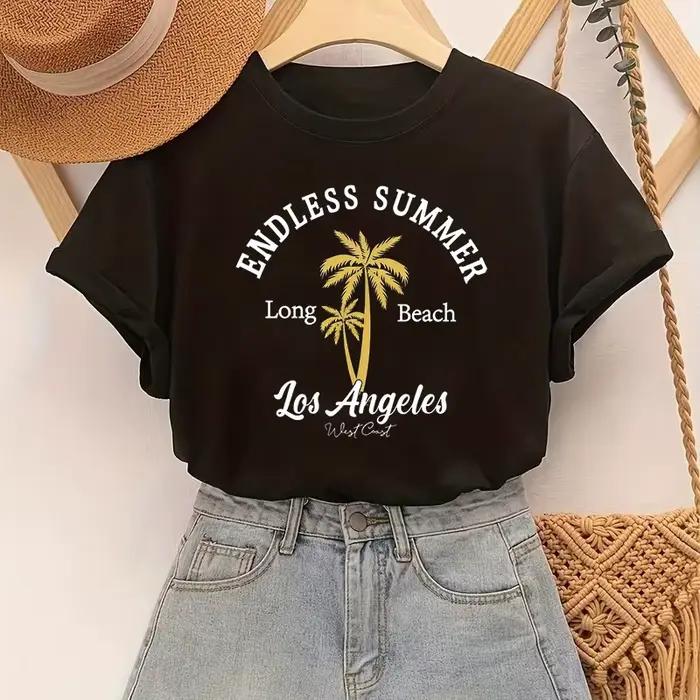 T-shirt d'été amusant pour femmes avec imprimé Los Angeles, col rond, manches courtes, style vintage