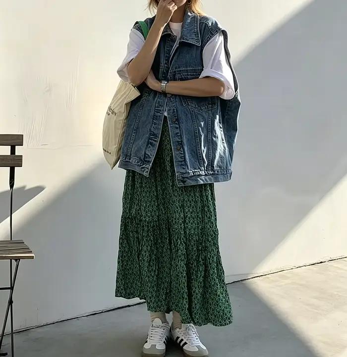 Jupe longue plissée vintage verte à imprimé géométrique pour femme, taille haute élastique, décontra