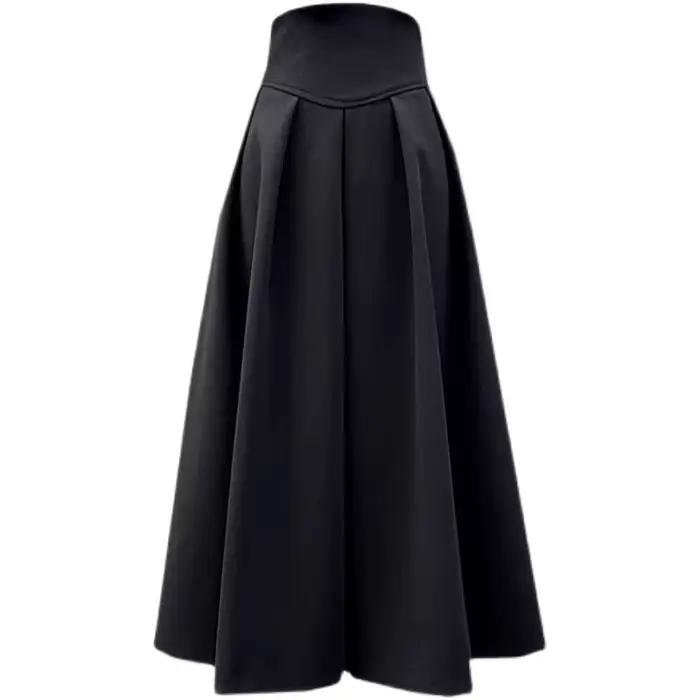 Jupe longue pour femmes automne et hiver taille haute plissée Patchwork mince jupe mi-longue noir a-