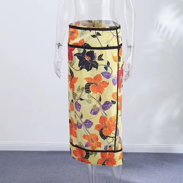 Jupe midi élégante à imprimé floral pour femme, taille haute, coupe droite avec fente, collection ét