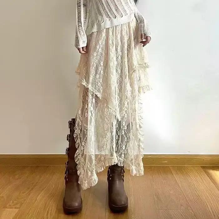 Jupe asymétrique en dentelle Fairycore pour femmes, Vintage Y2K Boho, mode esthétique, taille haute,