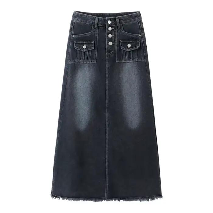 Jupe mi-longue en jean taille haute coupe trapèze pour femme, style vintage américain amincissant, g