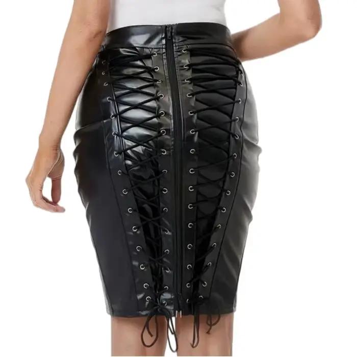 Jupe crayon à lacets en cuir pour femme avec fermeture éclair jupe grande taille wetlook clubwear