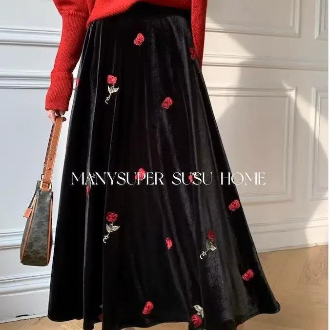Nicemix automne/hiver nouvelle jupe rétro brodée rouge Rose velours pour les femmes Style français t