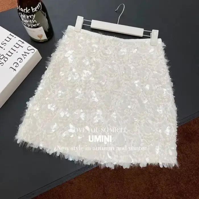 Mode coréenne Mini jupe trapèze femmes paillettes couleur unie jupe Sexy taille haute mince envelopp