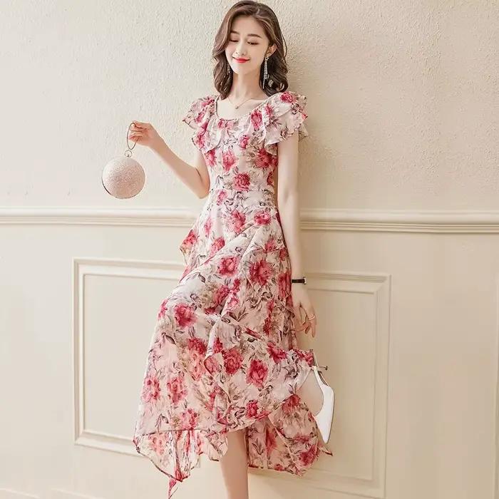 Robe florale en mousseline de soie pour femmes, nouveau Style fin, taille française, tempérament cin