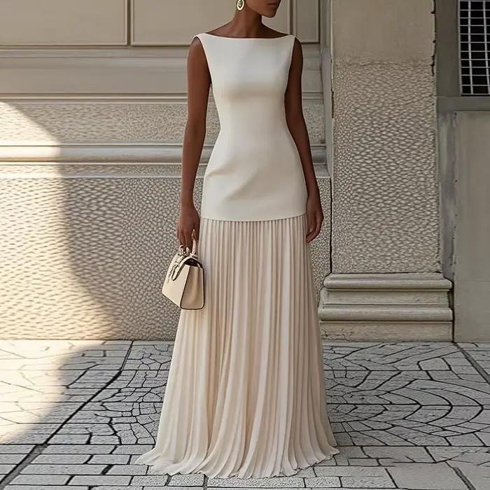 Femmes élégant solide jupe plissée ensembles femme 2 pièces tenue Sexy Slash cou sans manches débard