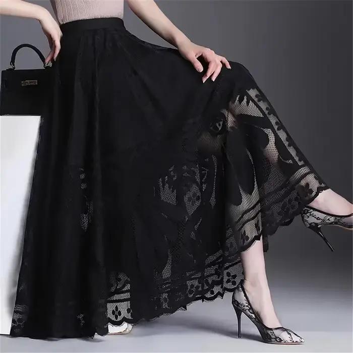 Jupe longue en dentelle taille haute pour femmes, nouvelle jupe noire A-Word, robe de bureau élégant