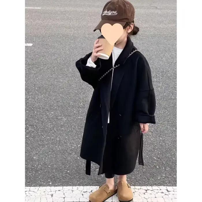 Manteau en laine mi-long pour enfants, manteau simple, noir, style français, garçon, fille, printemp