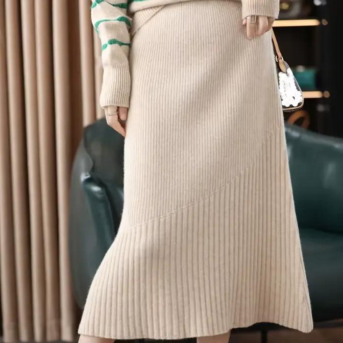 Jupe longue en tricot de cachemire pur pour femmes, épaisse, élastique, Slim, hanche droite, nouvell