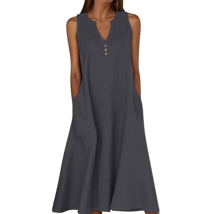 Nouvelle Robe sans Manches en Coton et Lin pour Femme 2026 – Robe Midi Décontractée à Col en V et Co
