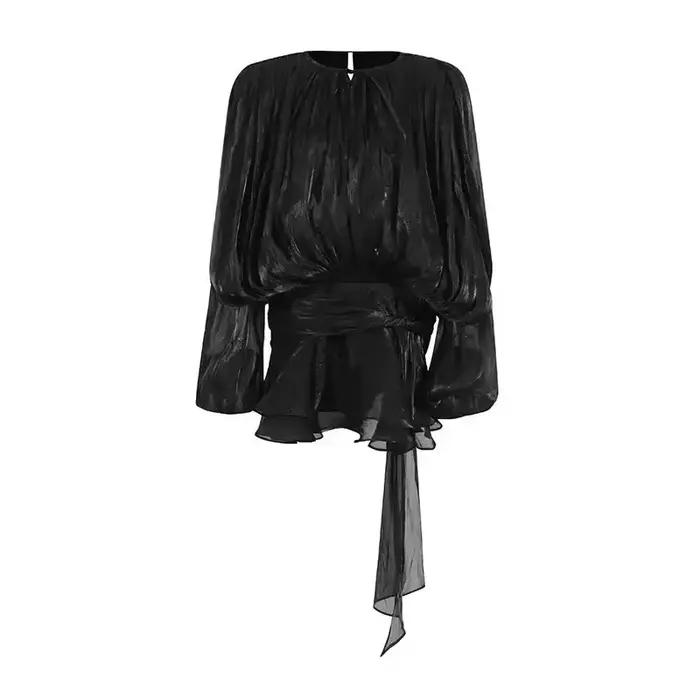 Mini robe à volants pour femmes, col en V, manches longues bouffantes, épissée, à lacets, douce avec