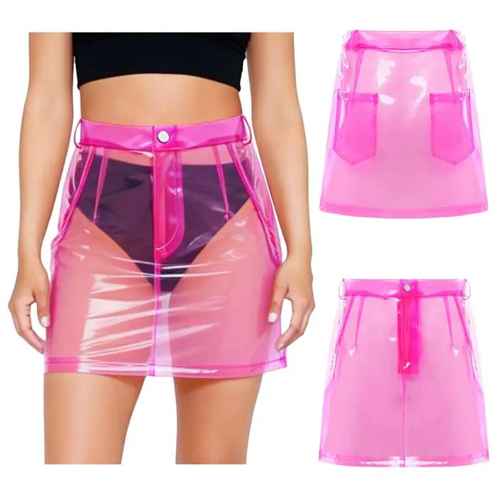 Jupe crayon transparente en PVC pour femme, taille haute, boutonnée, moulante, sexy, mi-longue, pour