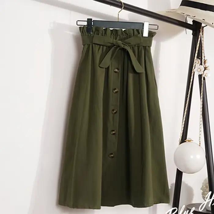Jupe plissée mi-longue pour femme, longueur genou, style coréen, élégante, boutons, taille haute, ét