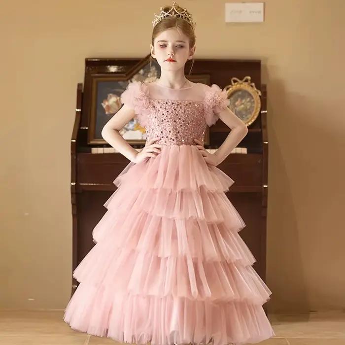 Robe longue 2025 rose paillettes filles robes de princesse vêtements enfants Pageant hôte Tulle fête