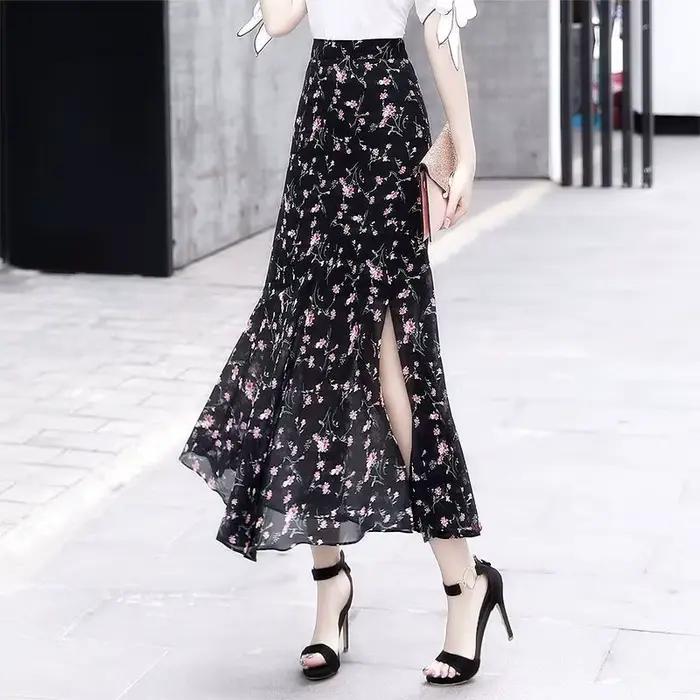 Jupe femme taille haute en mousseline de soie avec fente jupes femme Midi à volants décontracté mode