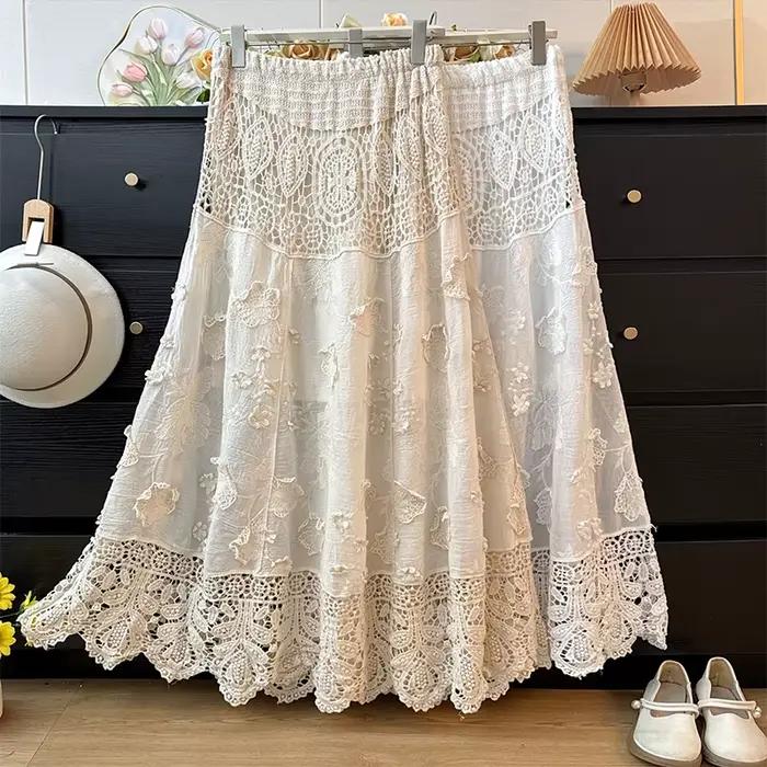 Jupe midi trapèze élégante en dentelle brodée lourde pour femme, collection Printemps 2026, taille h
