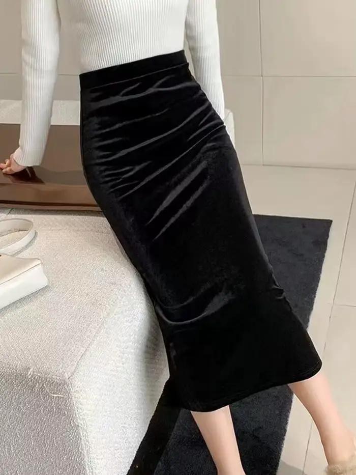 Jupes longues noires en velours pour femmes, élégantes, taille haute, vêtements de mode coréenne, bu