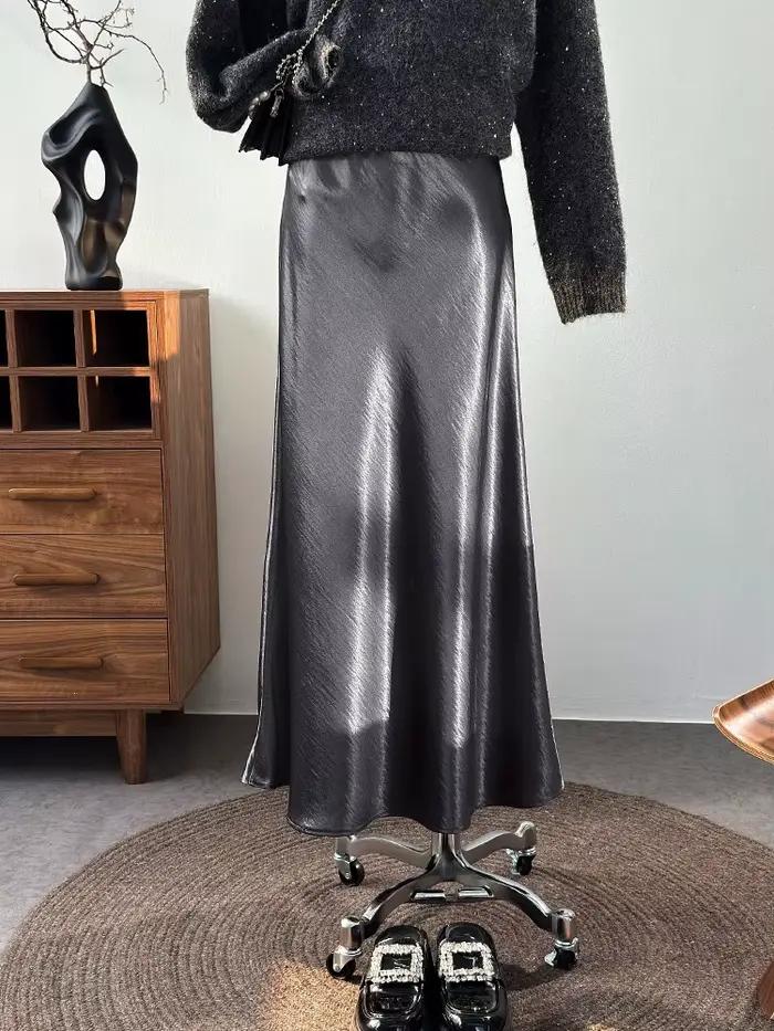 Jupe mi-longue en satin haute brillance pour femme avec fente scintillante jupe en satin Date Night